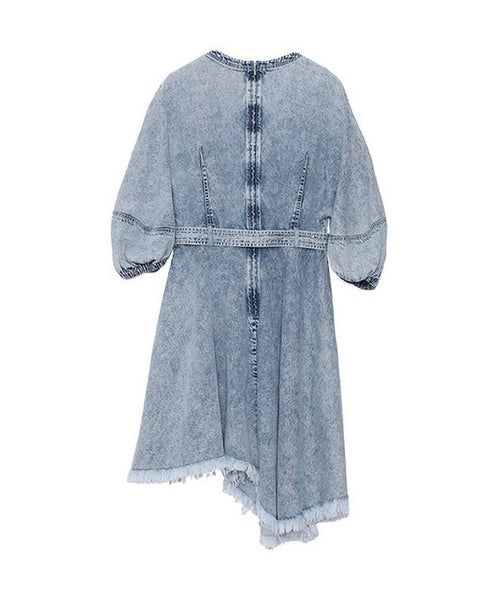 Washed Denim Belted Flare Dress